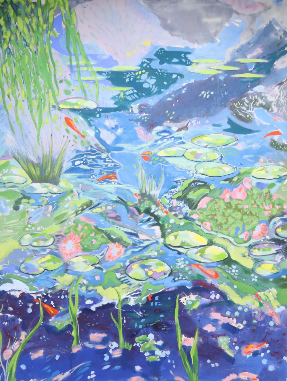 Jackie Moore Watson, acrylic and pastel on canvas, late 20th century English School, Abstract river scene with lilies, signed to the ba
